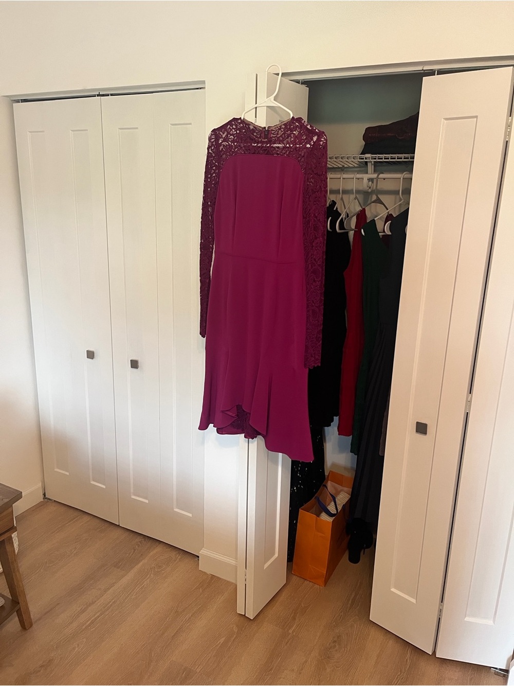 Talbot Runhoff Elegant Lace Sleeve Magenta Cocktail Dress